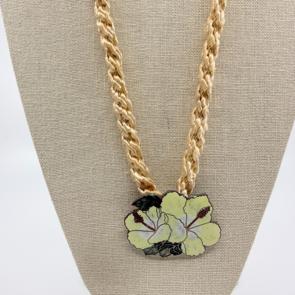 Vintage Cloisonne Hibiscus Flower Necklace with Silk Cord Boho Charm - Picture 6 of 9